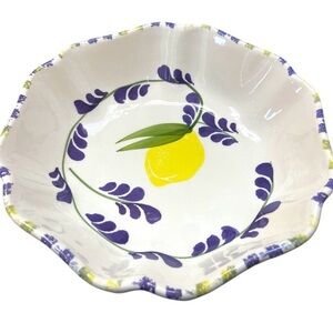 Lemon Purple Leaf Hand Painted Ceramic Round Serving Bowl Made In Italy 9.5” NWT